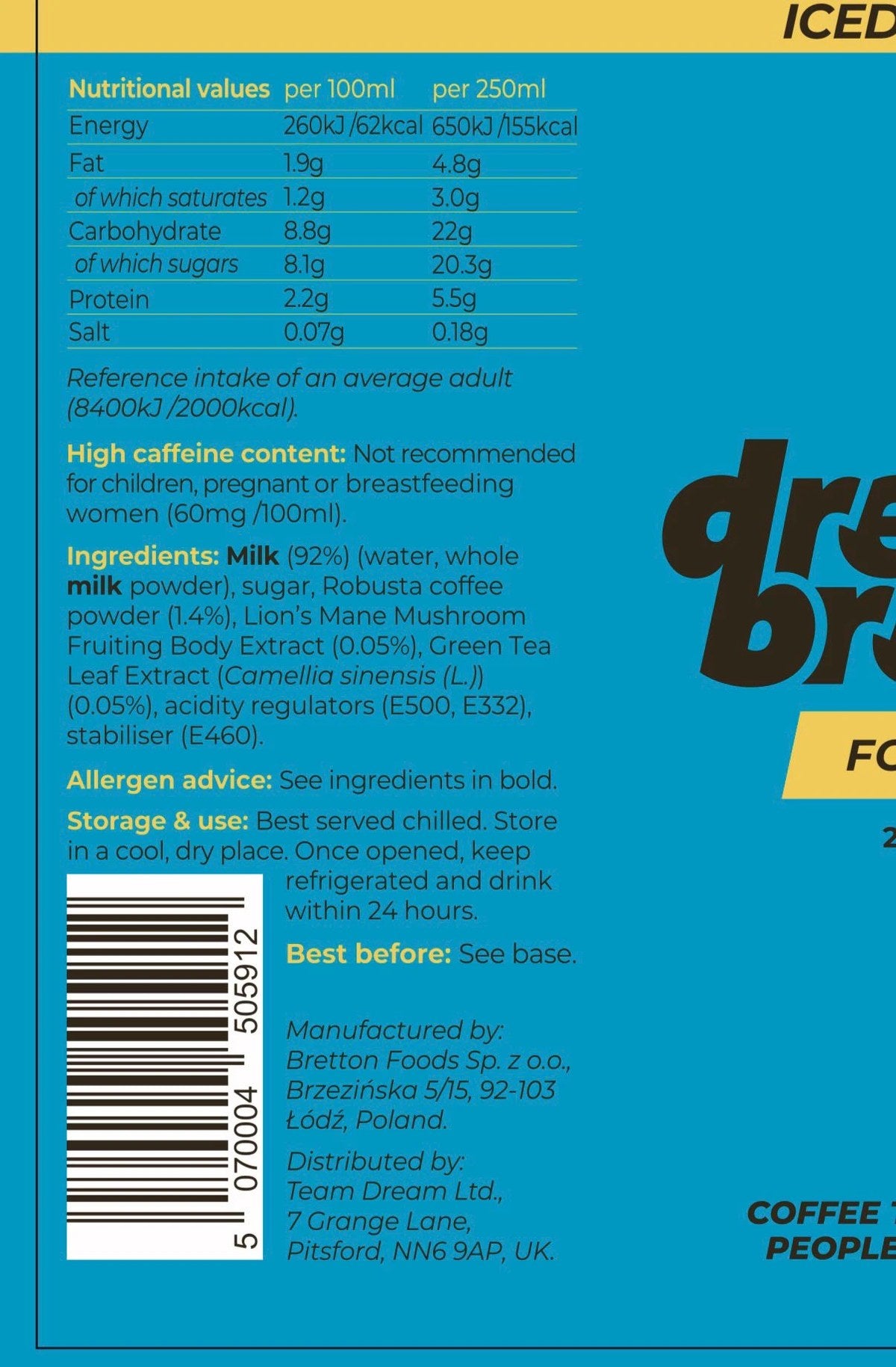 DreamBrew Focus Coffee, printed nutrition label