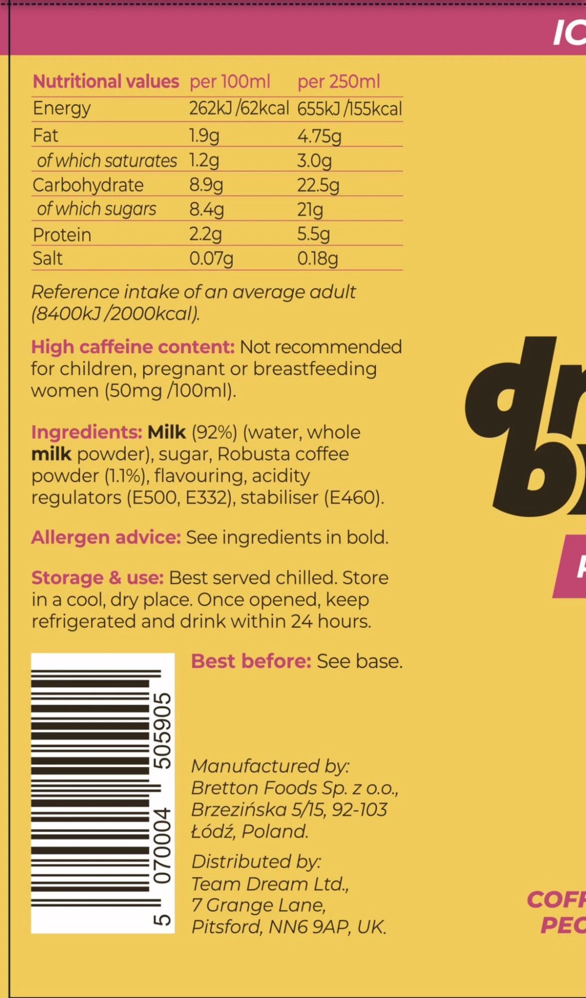 DreamBrew Purpose Coffee, printed nutrition label